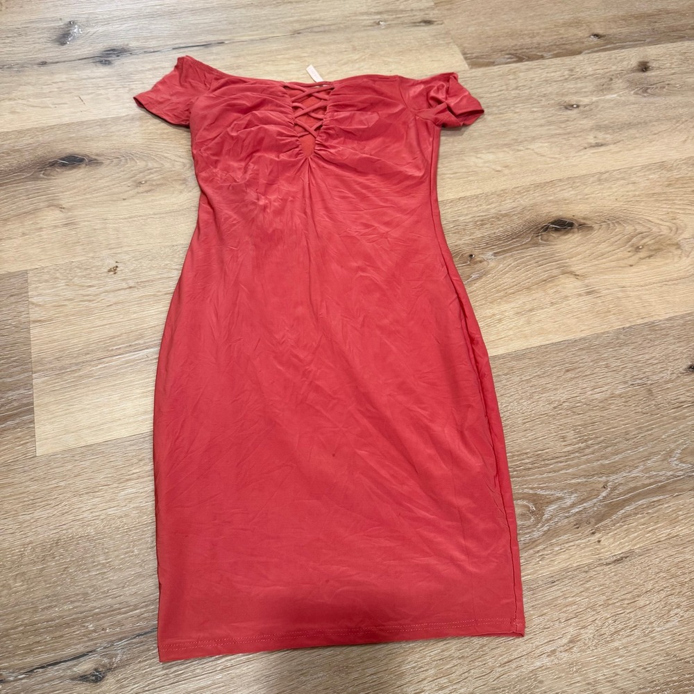Mezzanine USA Coral Red Lace Up Front Off Shoulder Bodycon Mini Dress Small